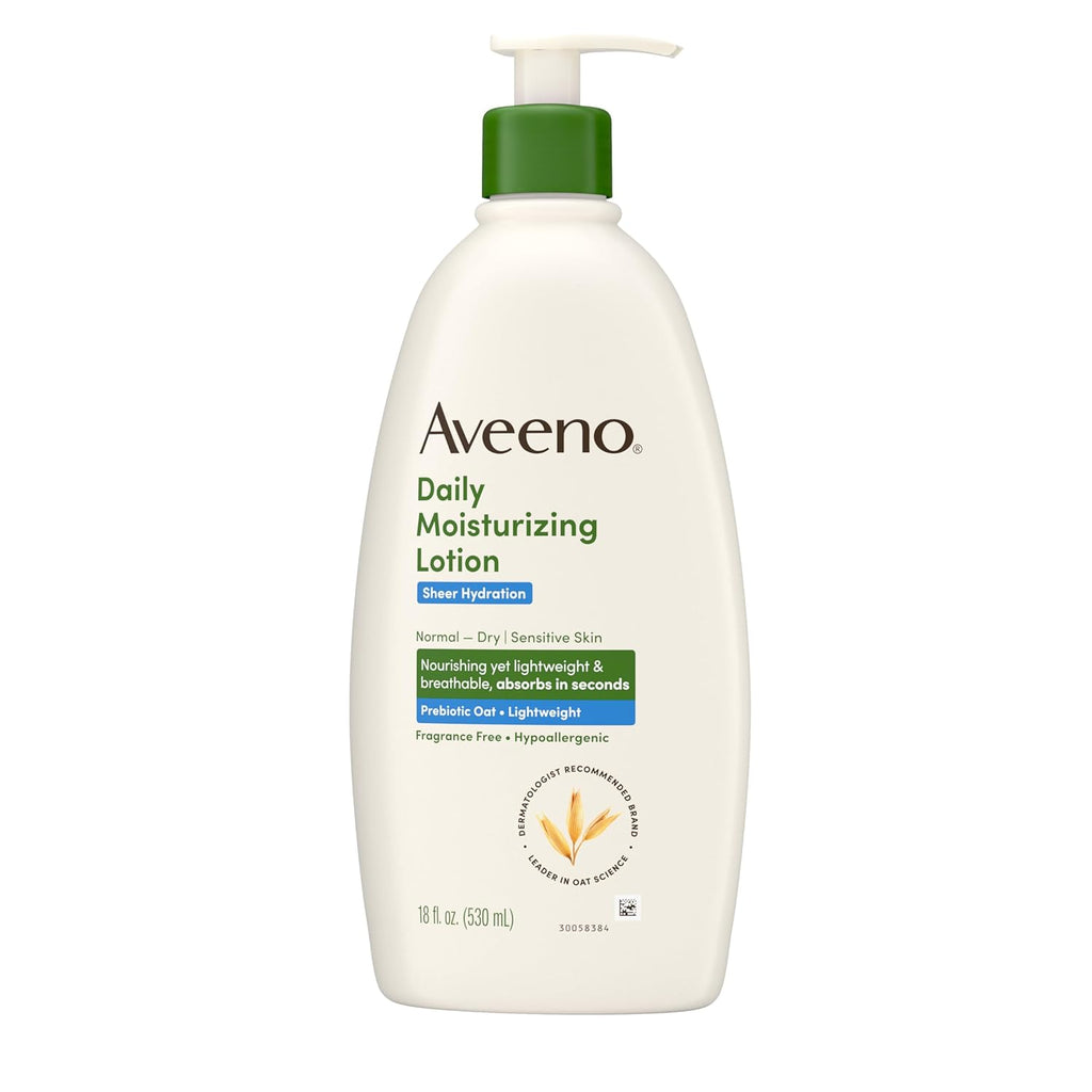 Aveeno Sheer Hydration Fragrance-Free Daily Moisturizing Lotion with Prebiotic Oat for Dry Skin, Lightweight, Fast-Absorbing Body Moisturizer Nourishes Skin with 48-Hour Moisture, 18 Fl. Oz